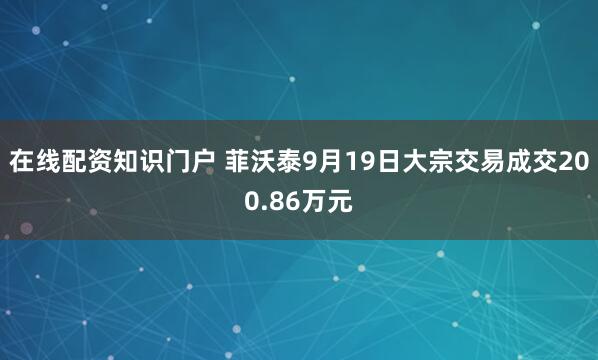 在线配资知识门户 菲沃泰9月19日大宗交易成交200.86万元